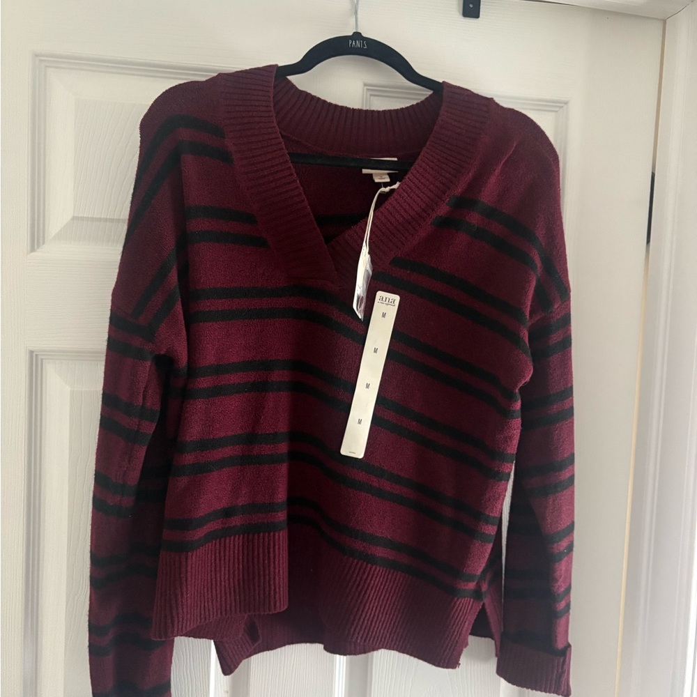a.n.a Burgundy and Black Striped V-Neck Sweater